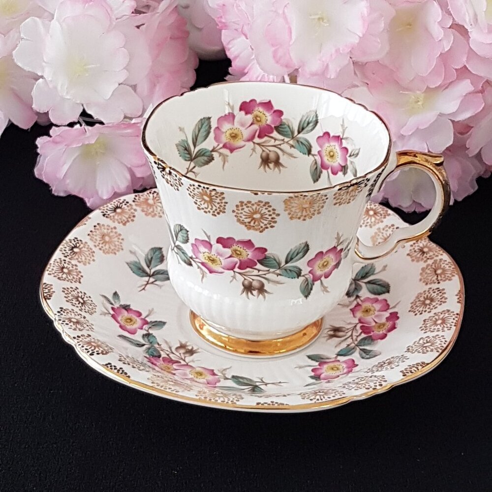 VINTAGE Royal Adderley Fine Bone China Tea Cup Saucer Set Pink Wild Rose England